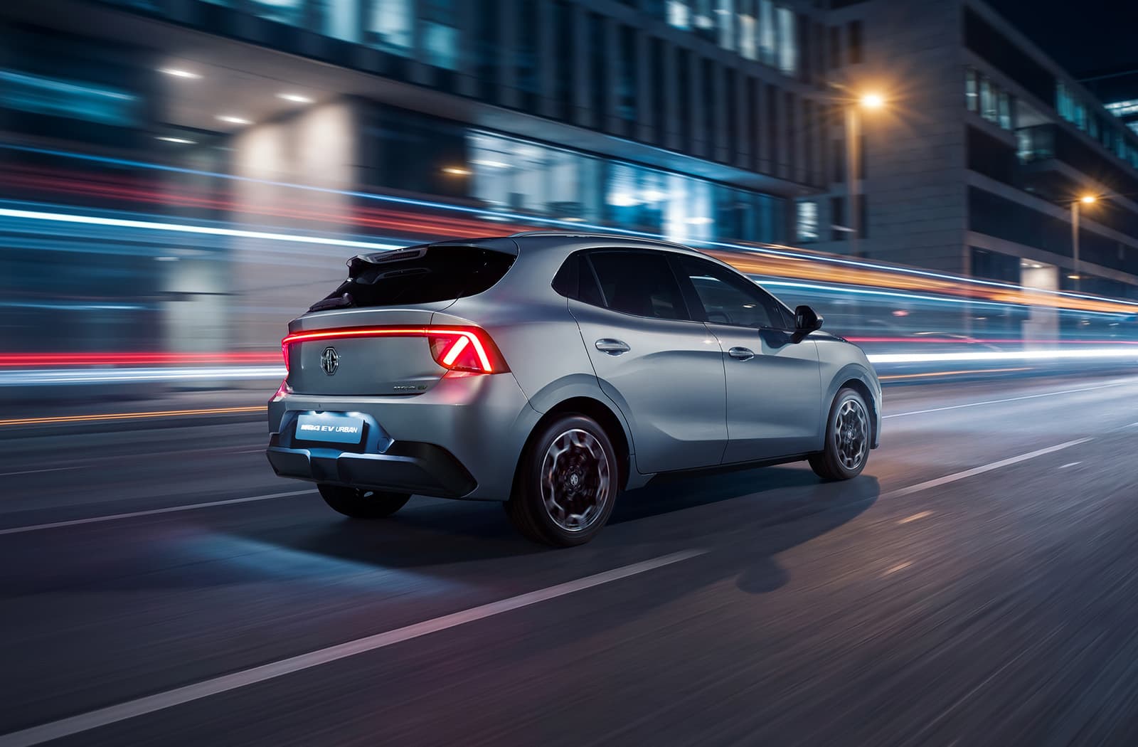 MG4 EV Urban on a city street at night